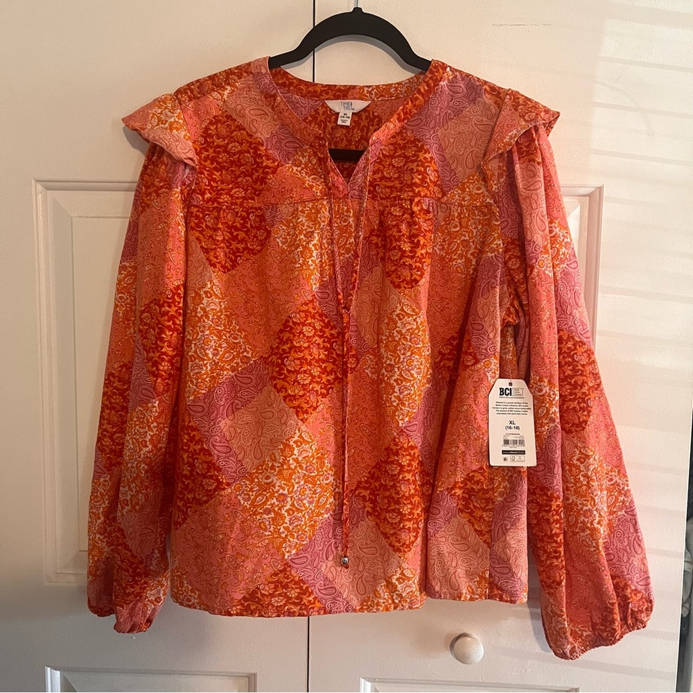 Time and Tru Pink‎ and Orange Paisley Poet Top Size XL